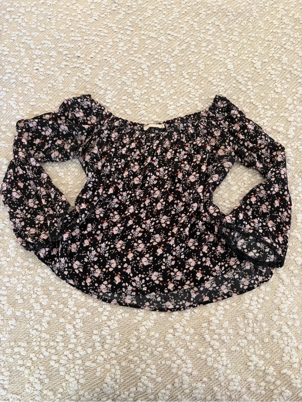 Lush Black Floral Off-Shoulder Blouse with Pink Accents